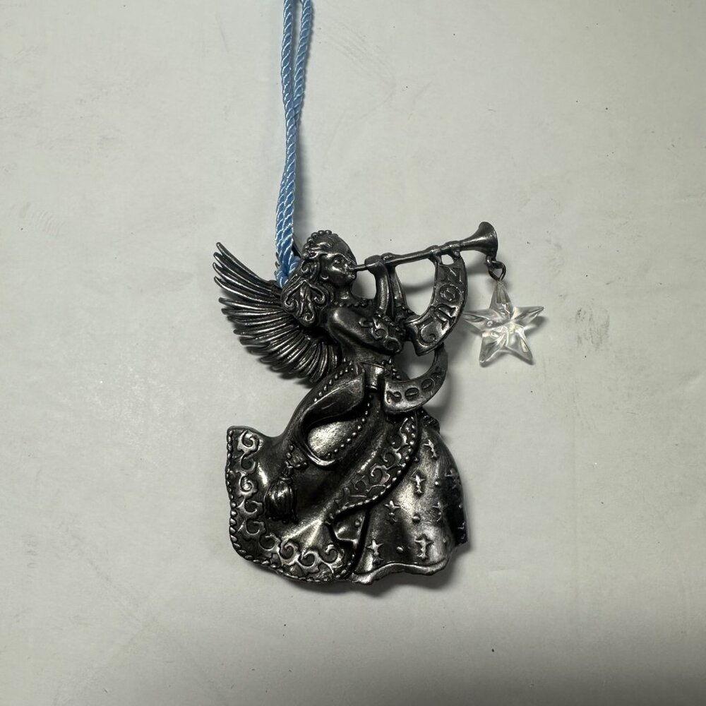Vintage Avon Pewter Angel Ornament With Trumpet & Crystal Hanging Star Christmas - Picture 6 of 12